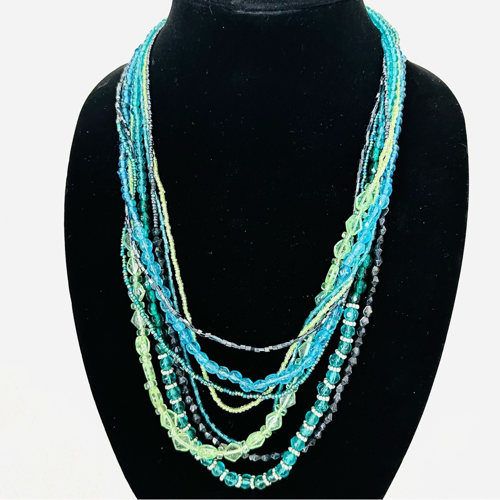 Multi-Strand Beaded Necklace with Glass and Metallic beads Boho Green Blue
